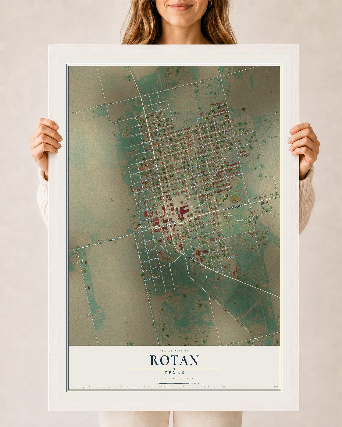 Map of Rotan, Texas, 24 x 36 inch print in a white wood frame