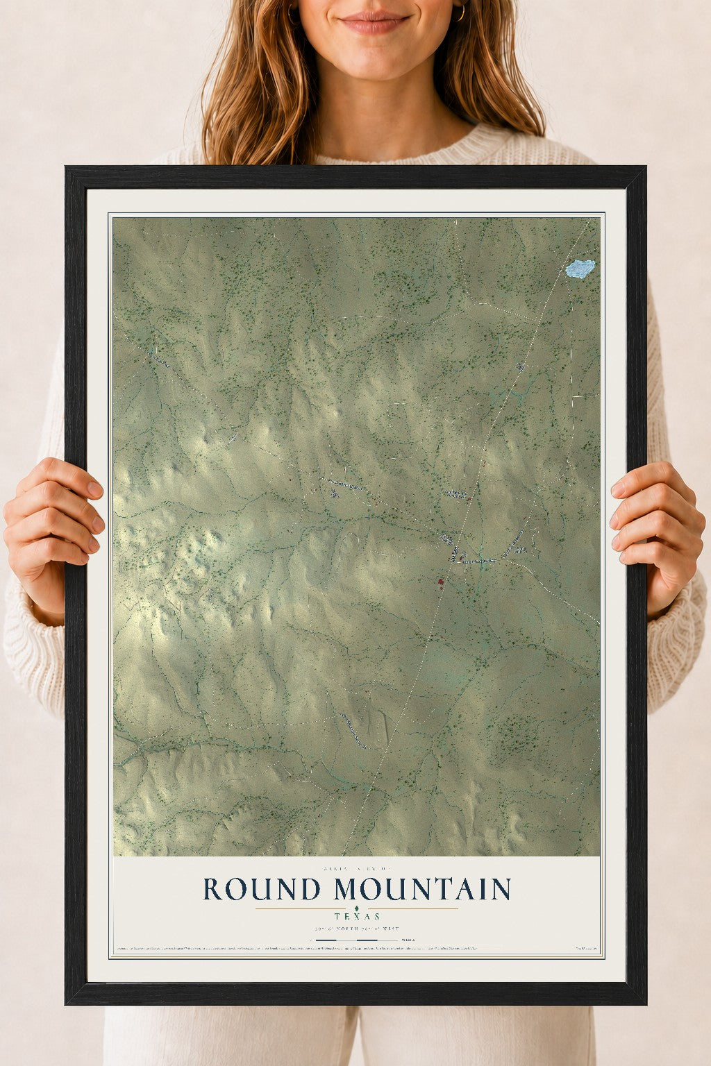 Map of Round Mountain, Texas, 18 x 24 inch print in a black wood frame