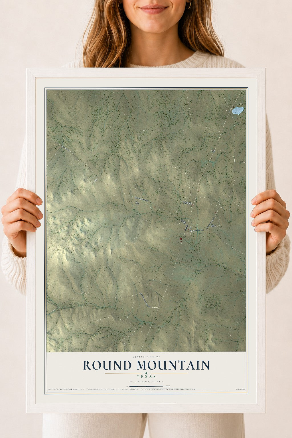 Map of Round Mountain, Texas, 18 x 24 inch print in a white wood frame
