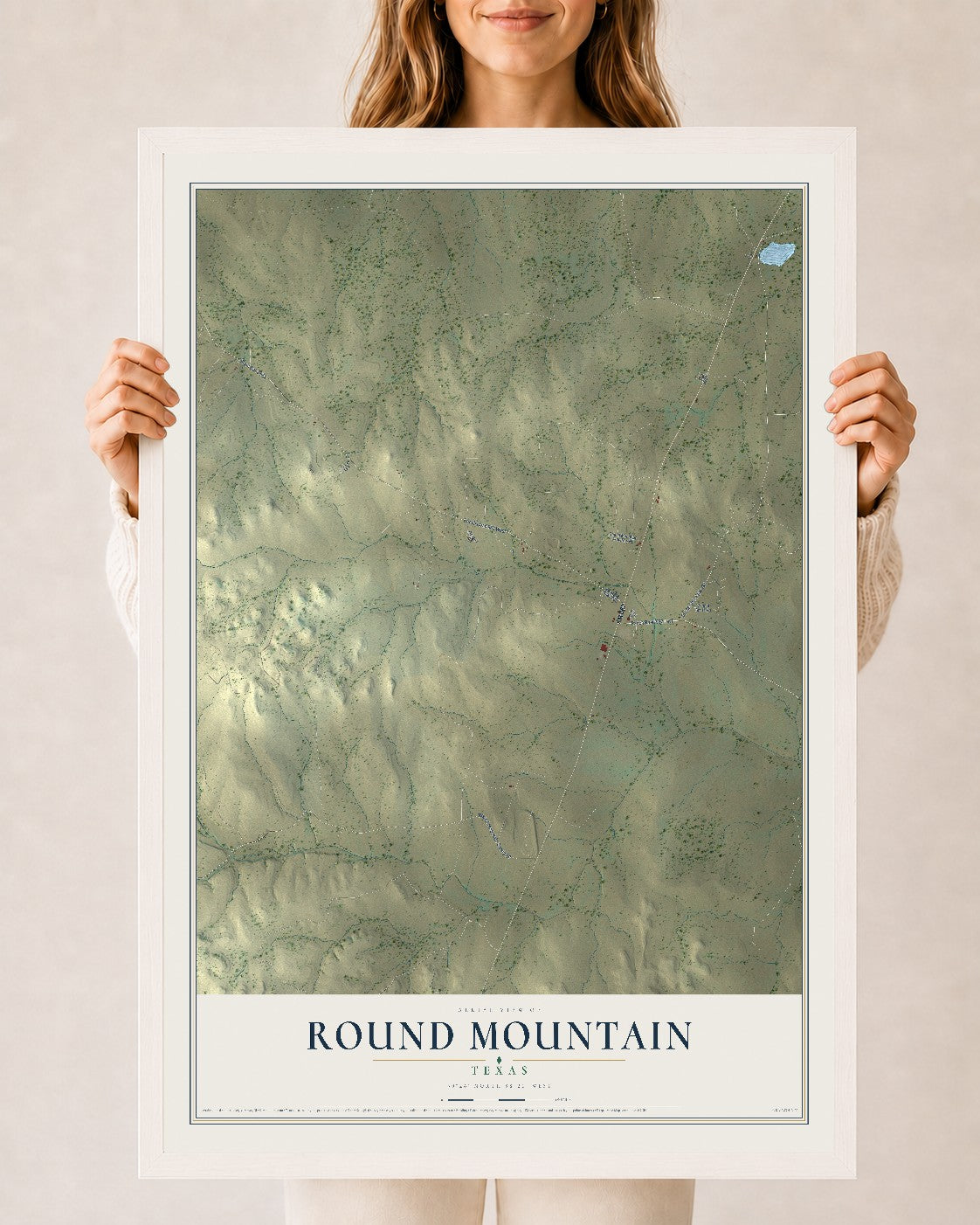 Map of Round Mountain, Texas, 24 x 36 inch print in a white wood frame