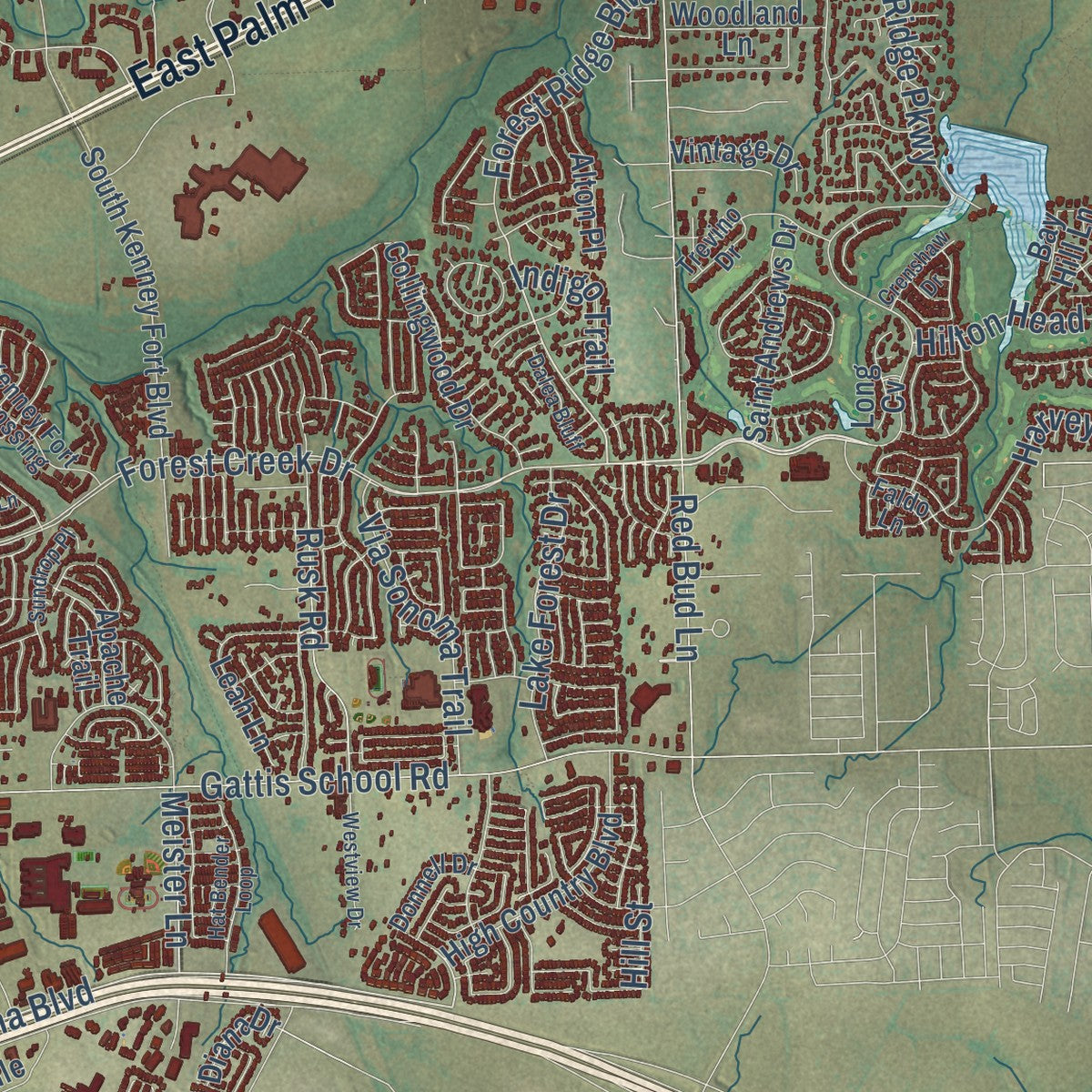 Second close-up of the map of Round Rock, Texas print showing more streets and buildings