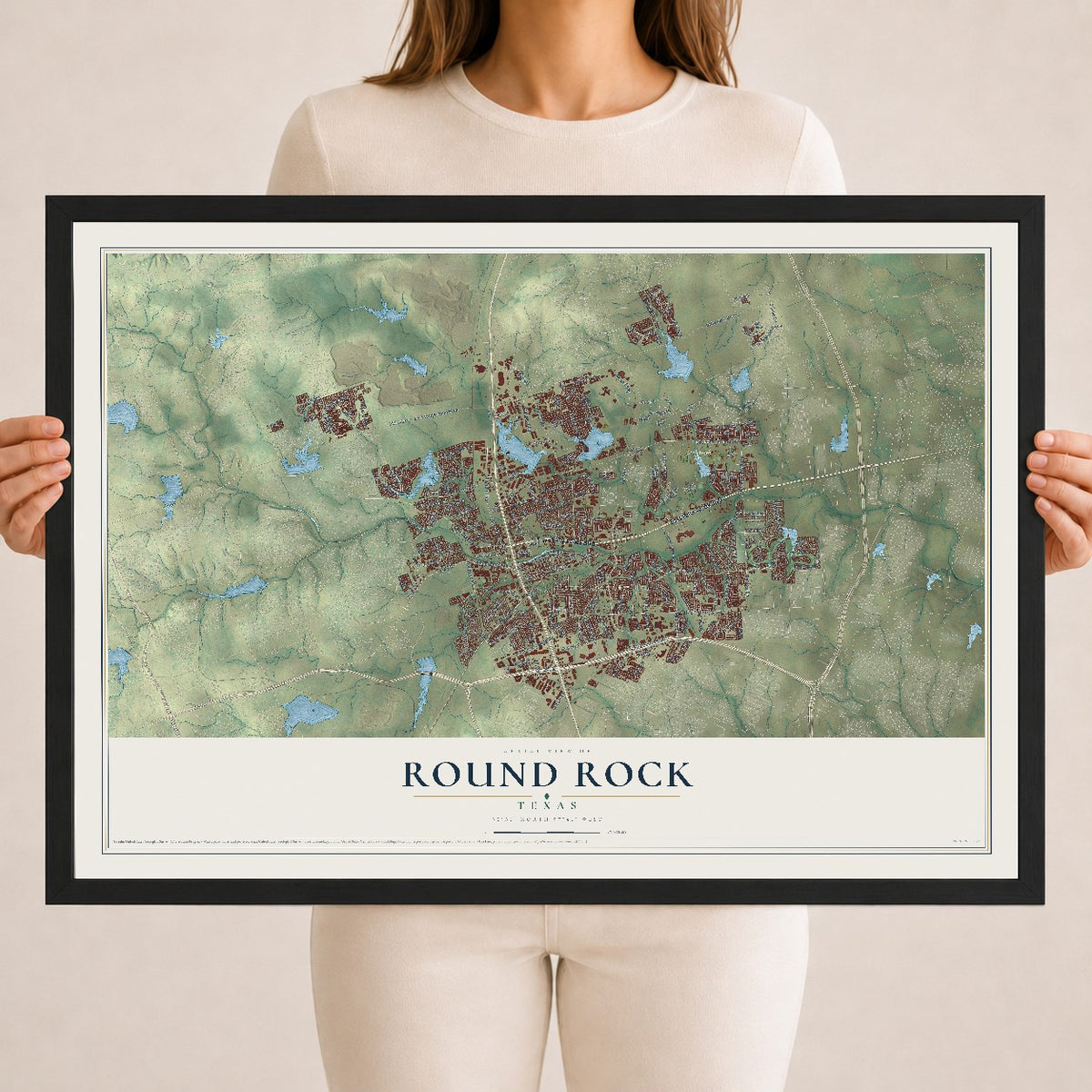 Map of Round Rock, Texas, 18 x 24 inch print in a black wood frame