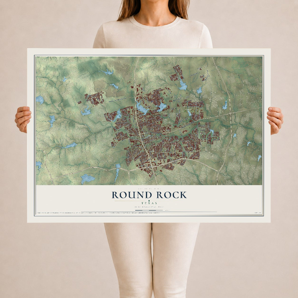 Map of Round Rock, Texas, 24 x 36 inch unframed archival matte print