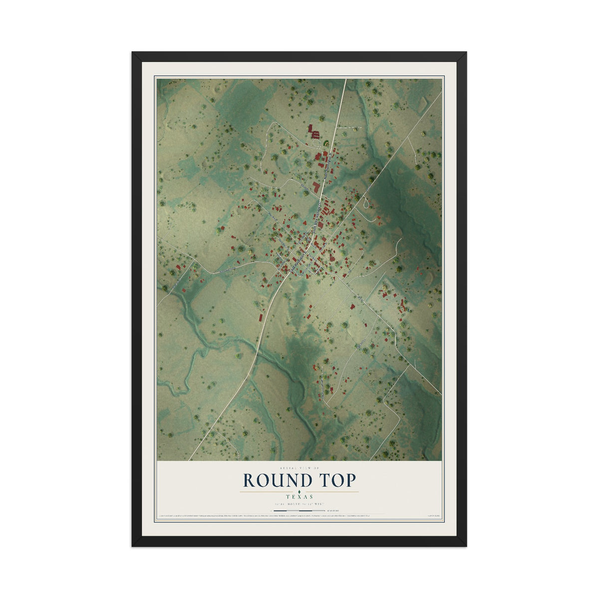 Map of Round Top, Texas, 12 x 18 inch print in a black wood frame