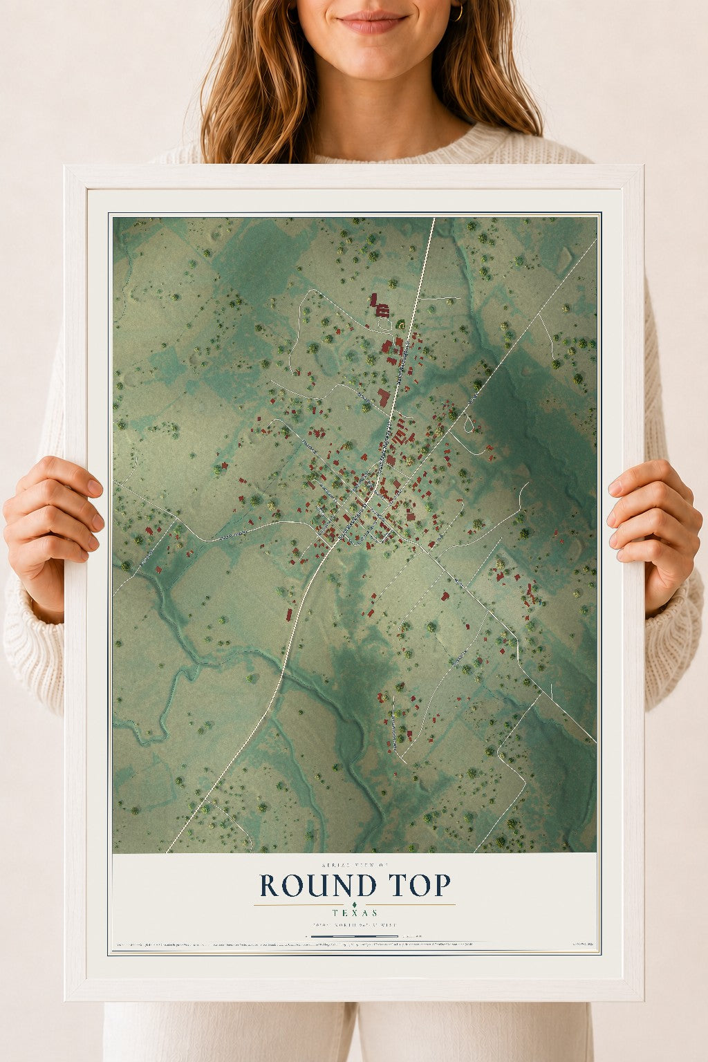 Map of Round Top, Texas, 18 x 24 inch print in a white wood frame