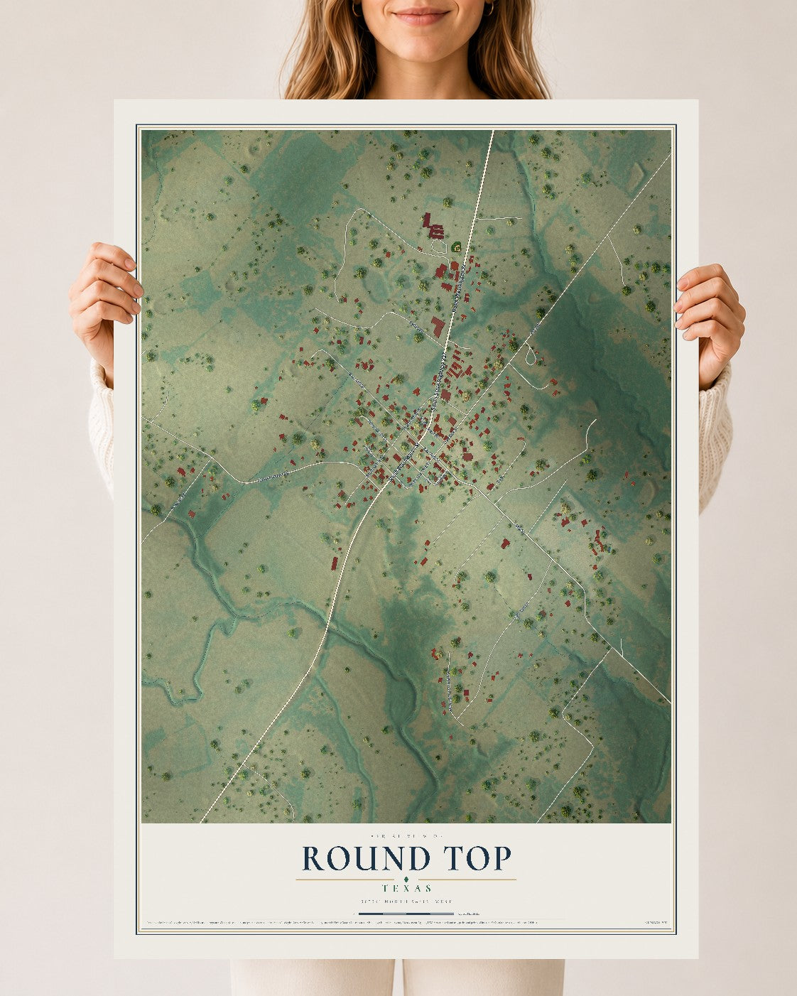 Map of Round Top, Texas, 24 x 36 inch unframed archival matte print