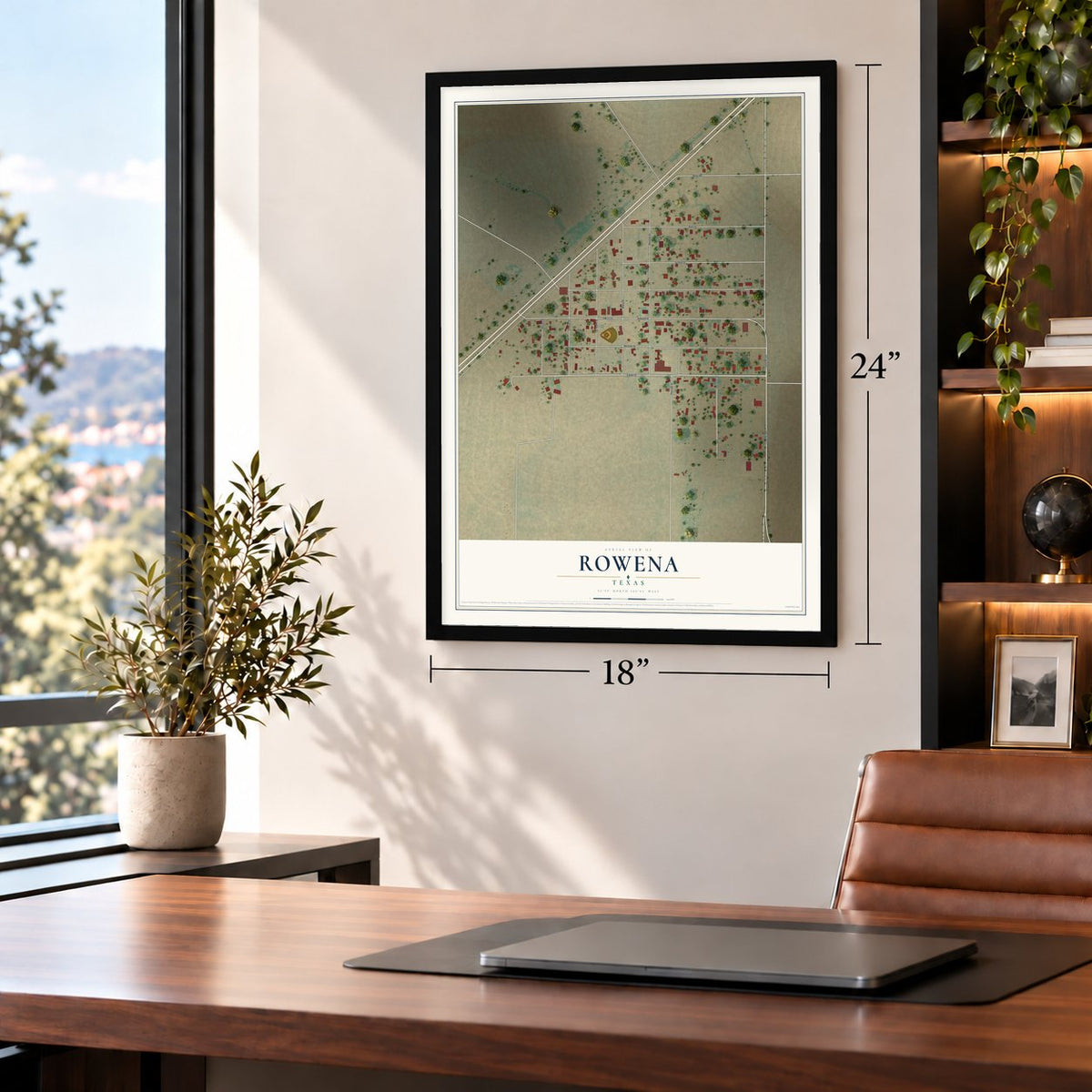Rowena, Texas map, 18 x 24 inch print in a black frame in a home office