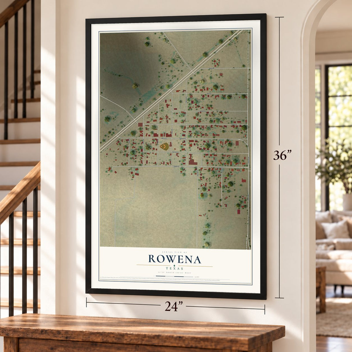 Rowena, Texas map, 24 x 36 inch print in a black frame by a staircase