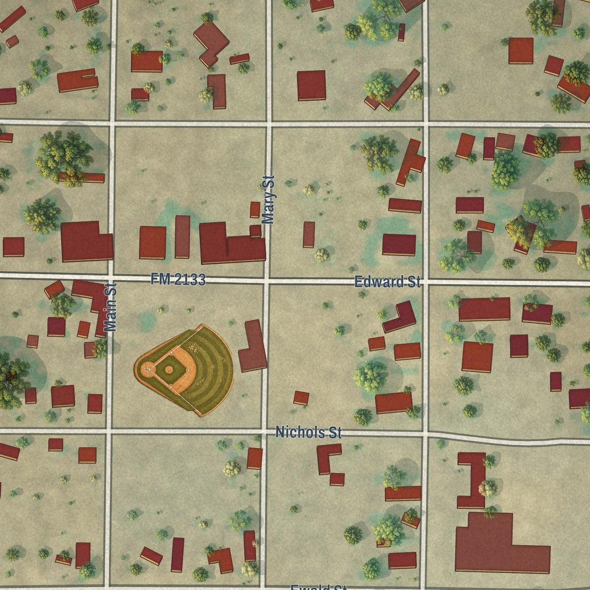 Close-up of the map of Rowena, Texas print showing street and building detail
