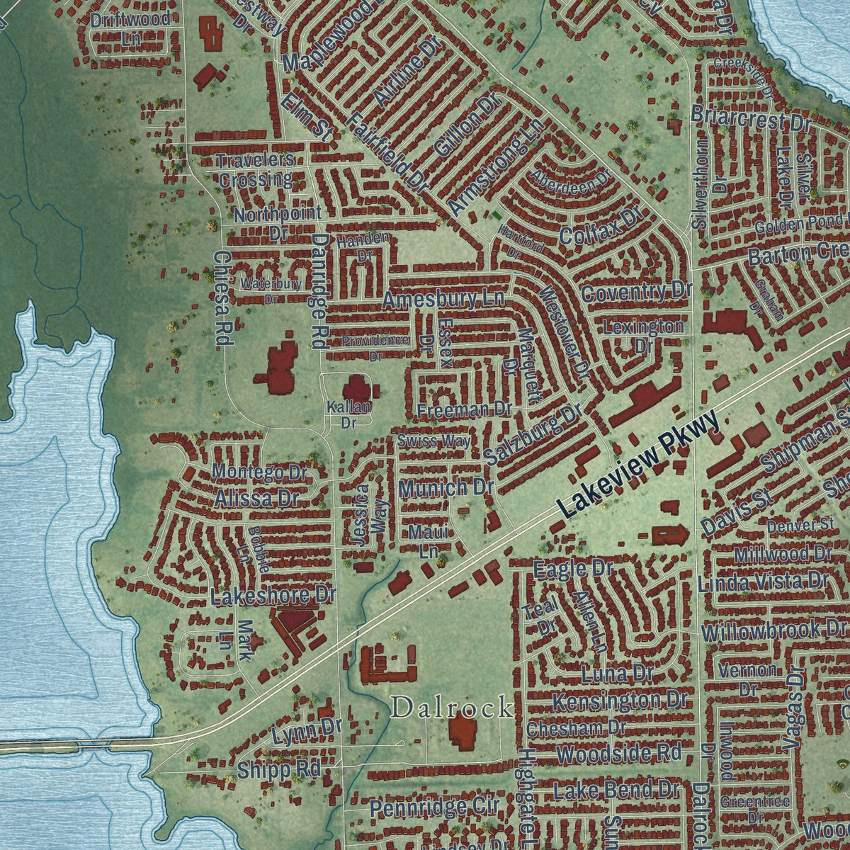 Close-up of the map of Rowlett, Texas print showing street and building detail
