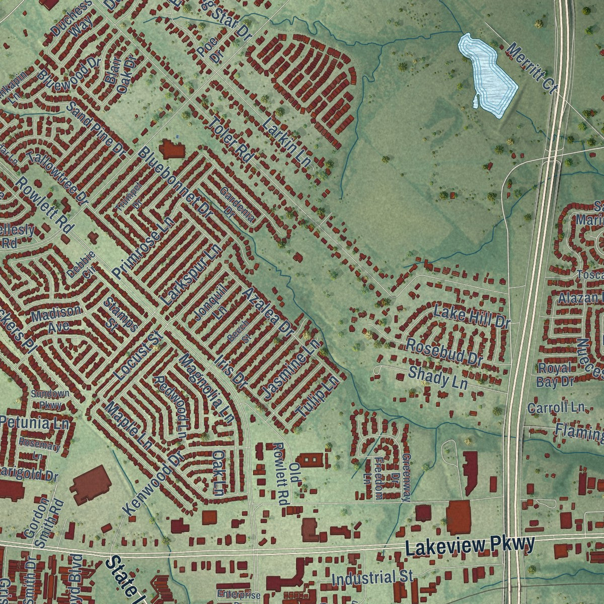 Second close-up of the map of Rowlett, Texas print showing more streets and buildings