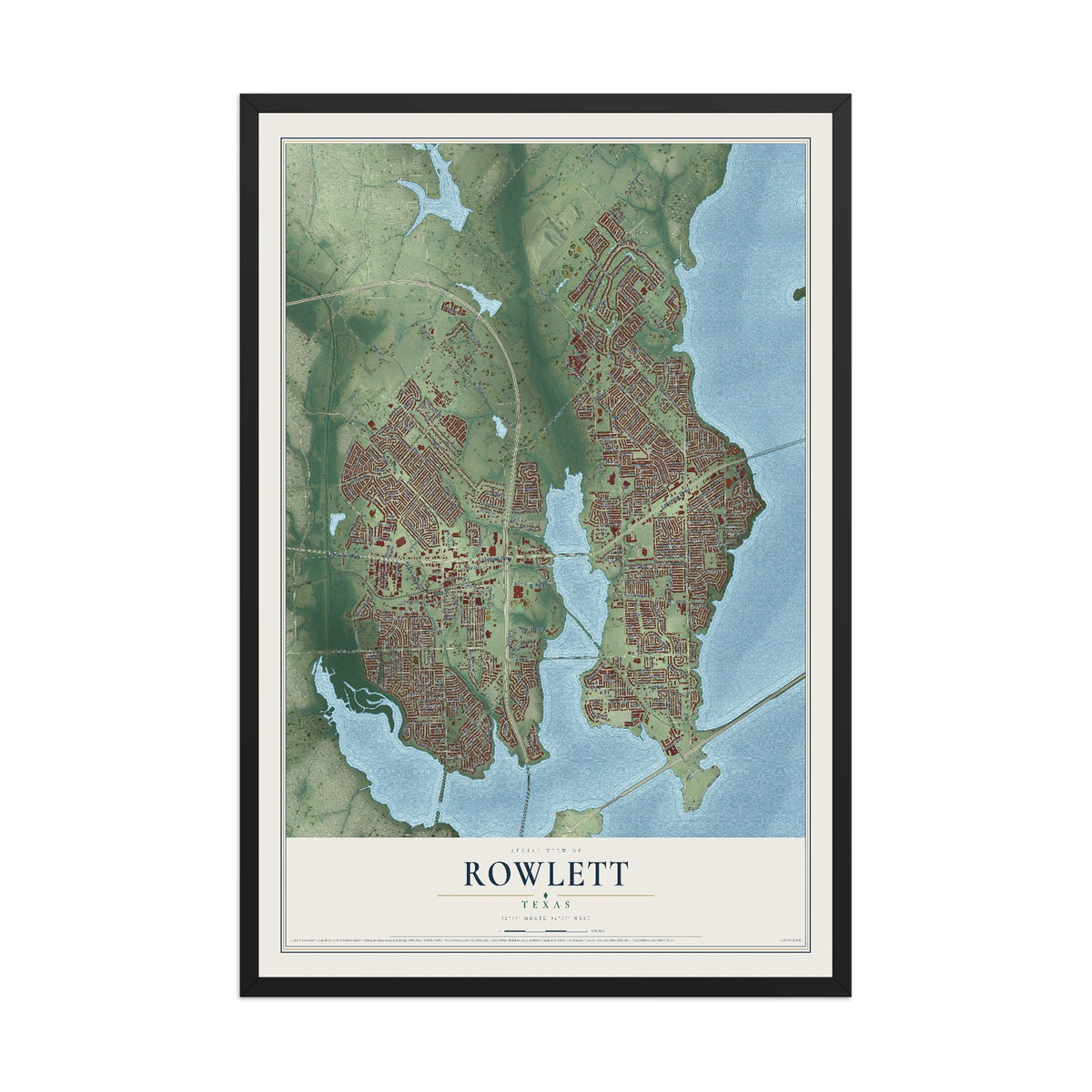 Map of Rowlett, Texas, 12 x 18 inch print in a black wood frame