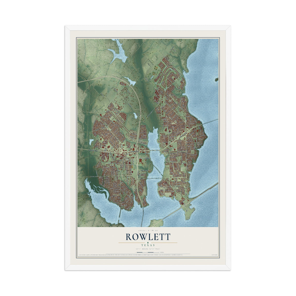 Map of Rowlett, Texas, 12 x 18 inch print in a white wood frame