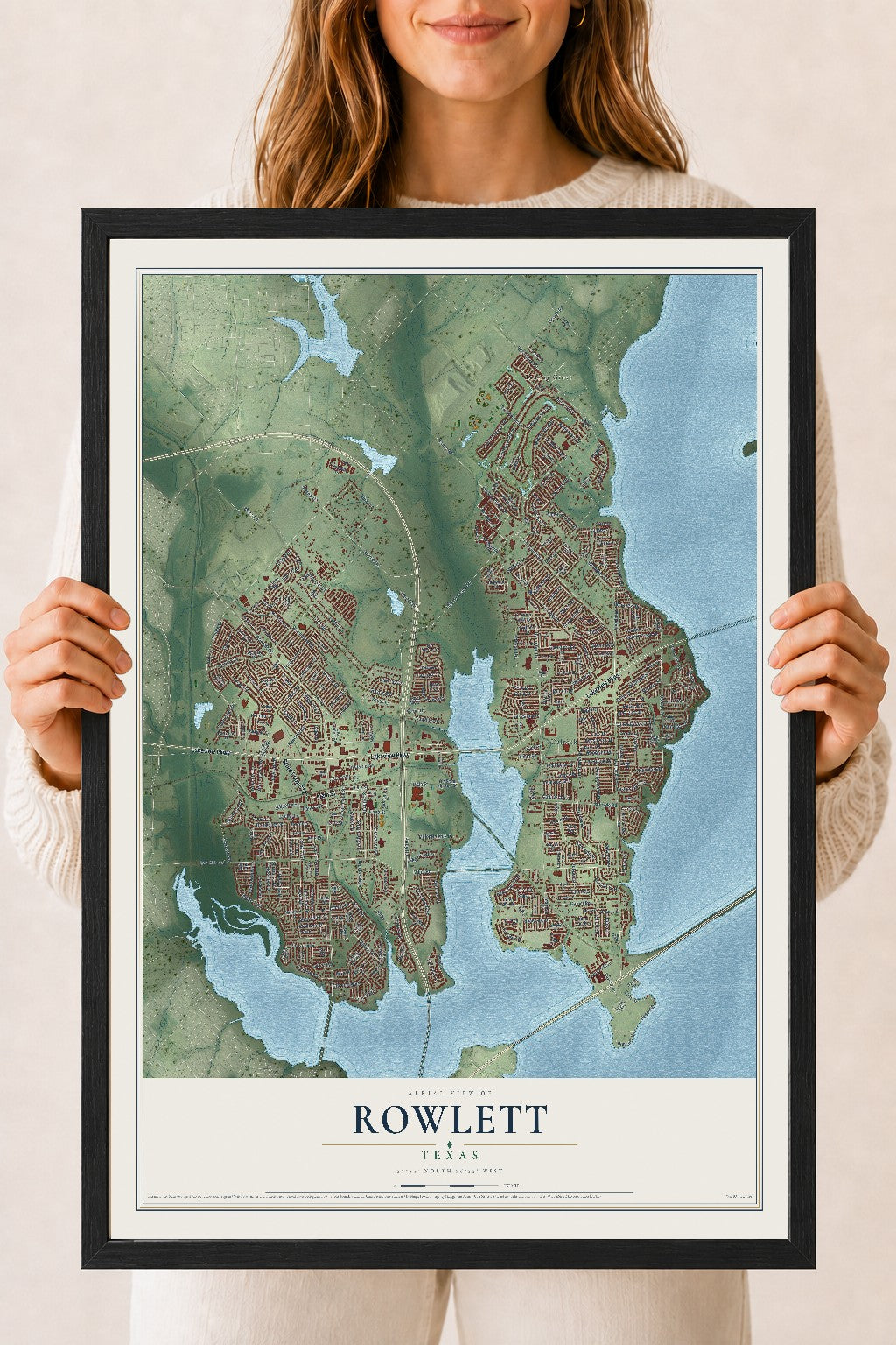 Map of Rowlett, Texas, 18 x 24 inch print in a black wood frame
