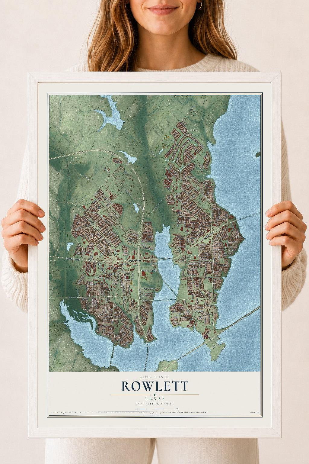 Map of Rowlett, Texas, 18 x 24 inch print in a white wood frame