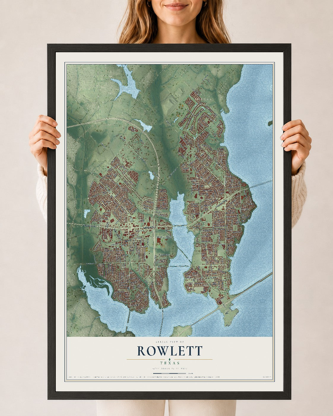 Map of Rowlett, Texas, 24 x 36 inch print in a black wood frame