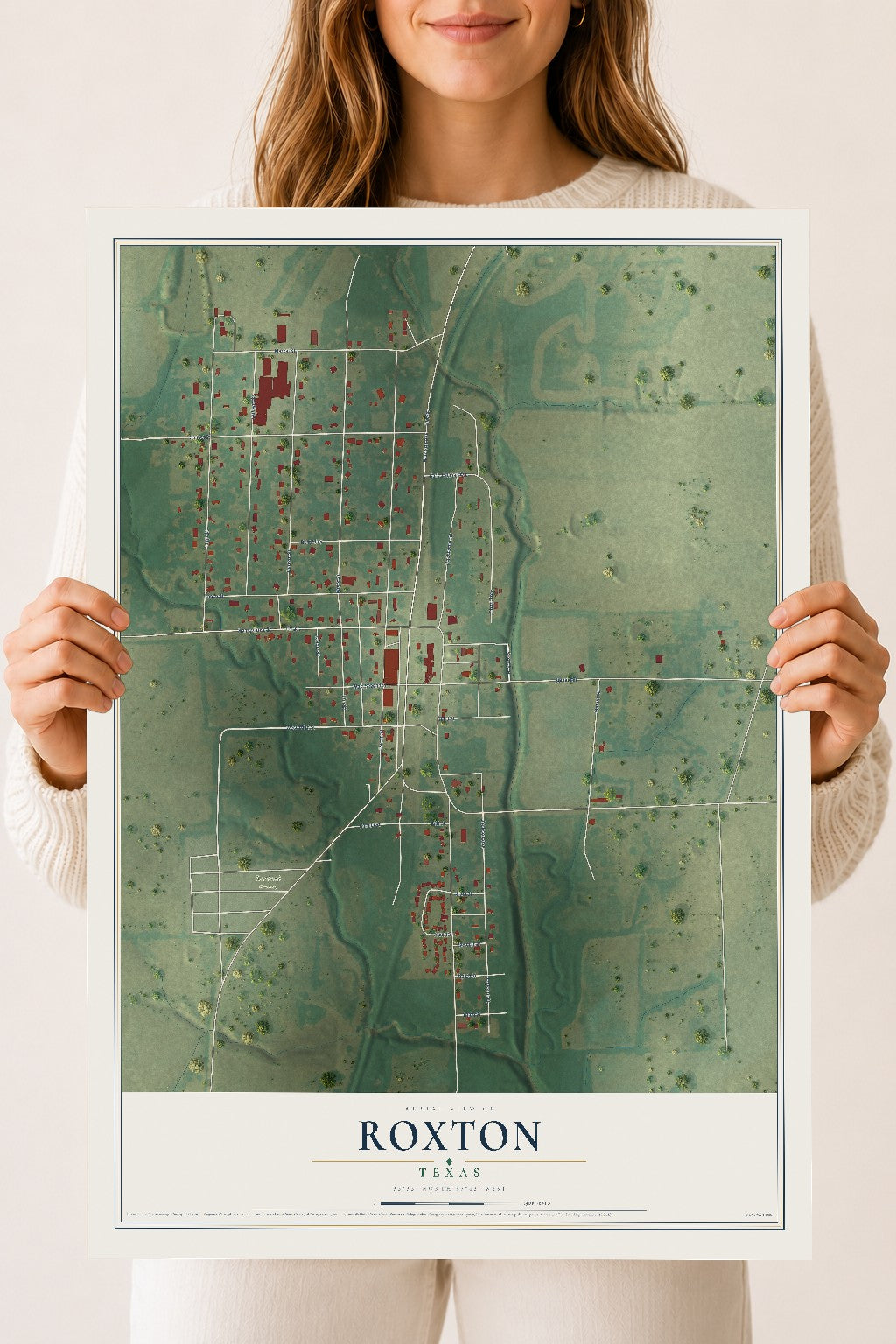 Map of Roxton, Texas, 18 x 24 inch unframed archival matte print