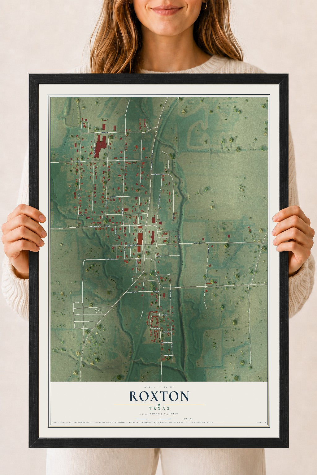 Map of Roxton, Texas, 18 x 24 inch print in a black wood frame