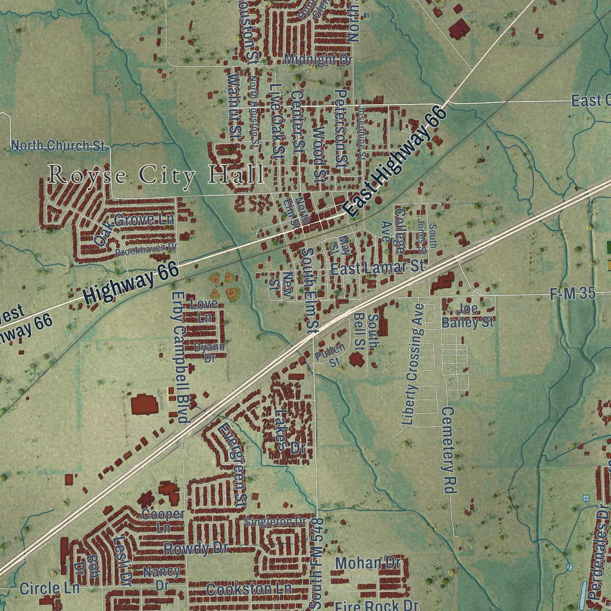 Close-up of the map of Royse City, Texas print showing street and building detail