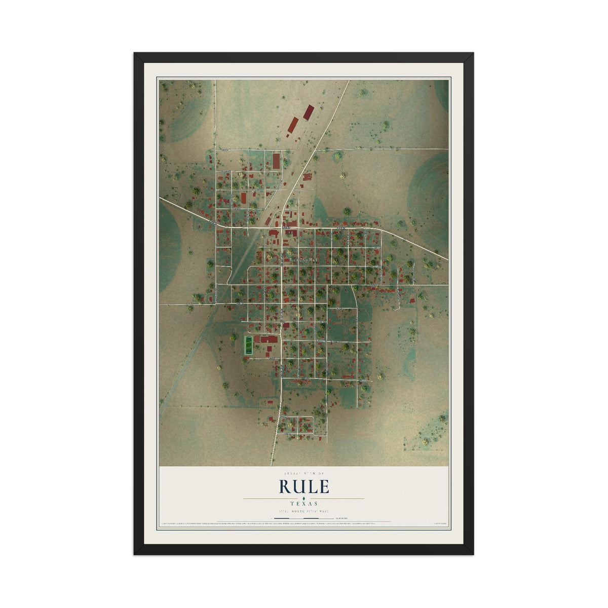 Map of Rule, Texas, 12 x 18 inch print in a black wood frame
