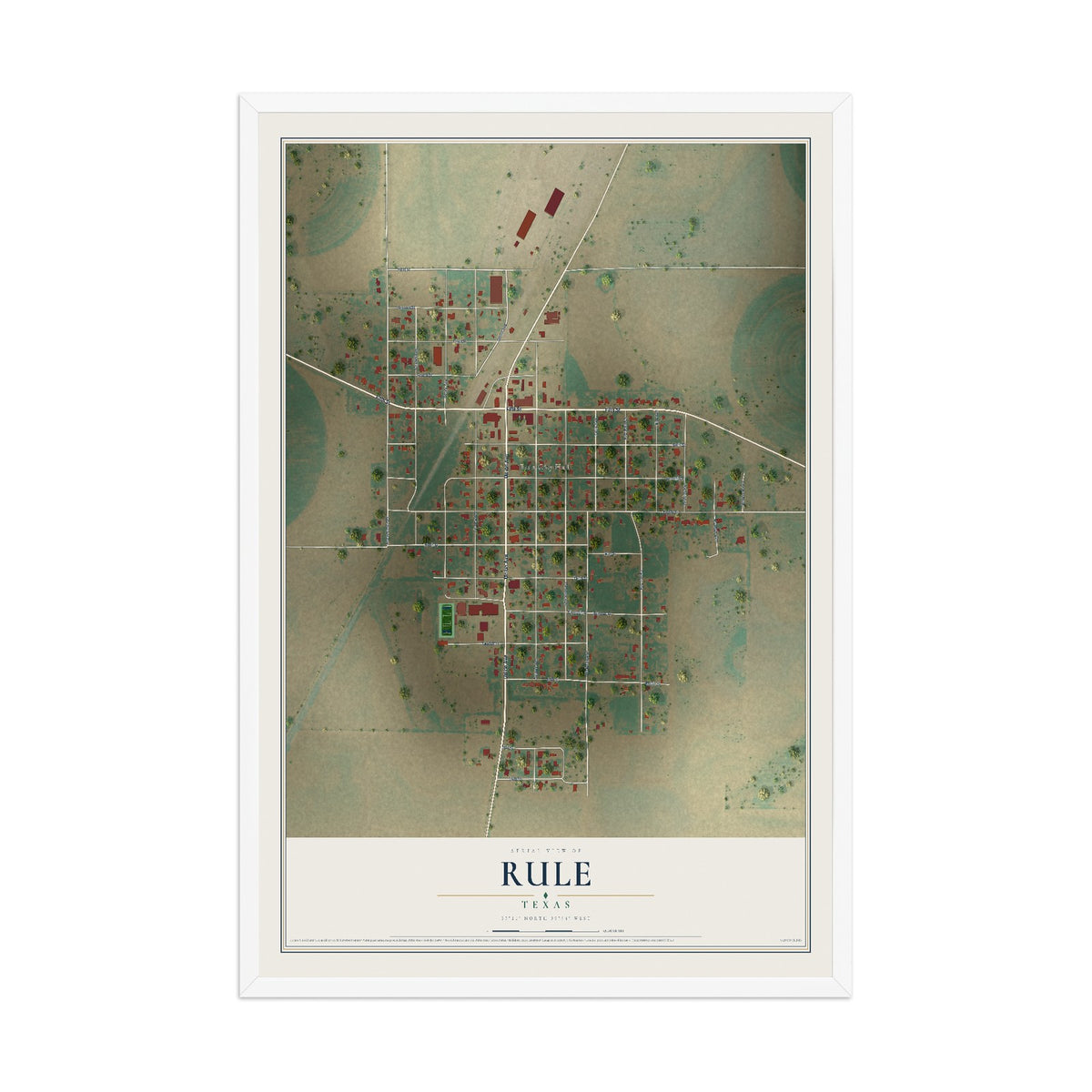 Map of Rule, Texas, 12 x 18 inch print in a white wood frame