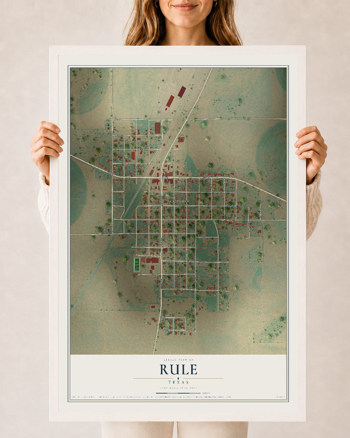 Map of Rule, Texas, 24 x 36 inch print in a white wood frame