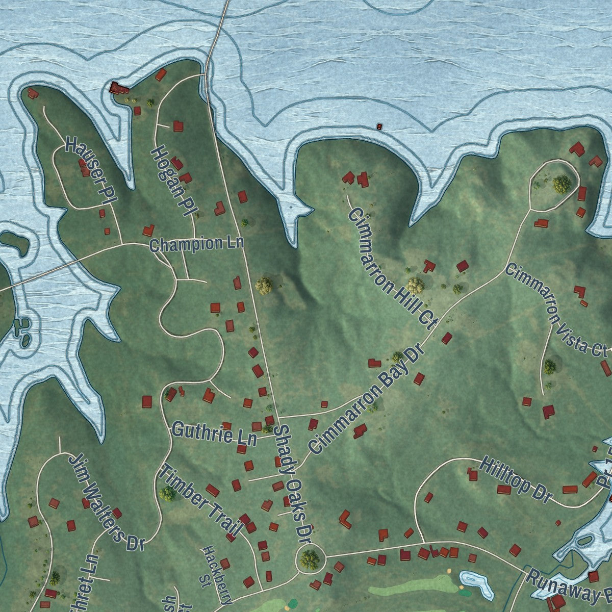 Second close-up of the map of Runaway Bay, Texas print showing more streets and buildings