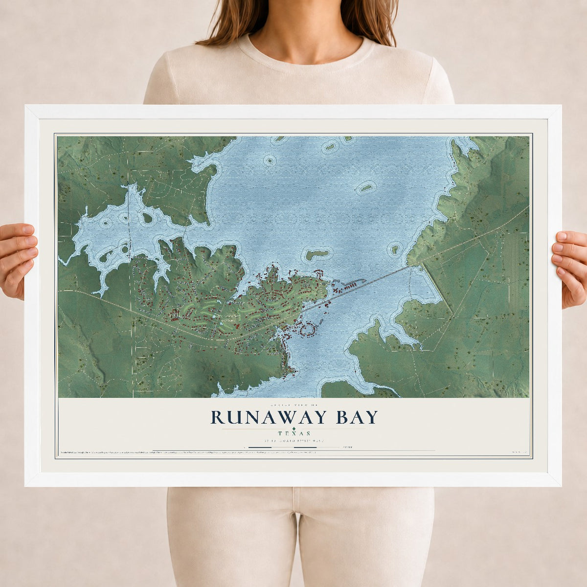 Map of Runaway Bay, Texas, 18 x 24 inch print in a white wood frame