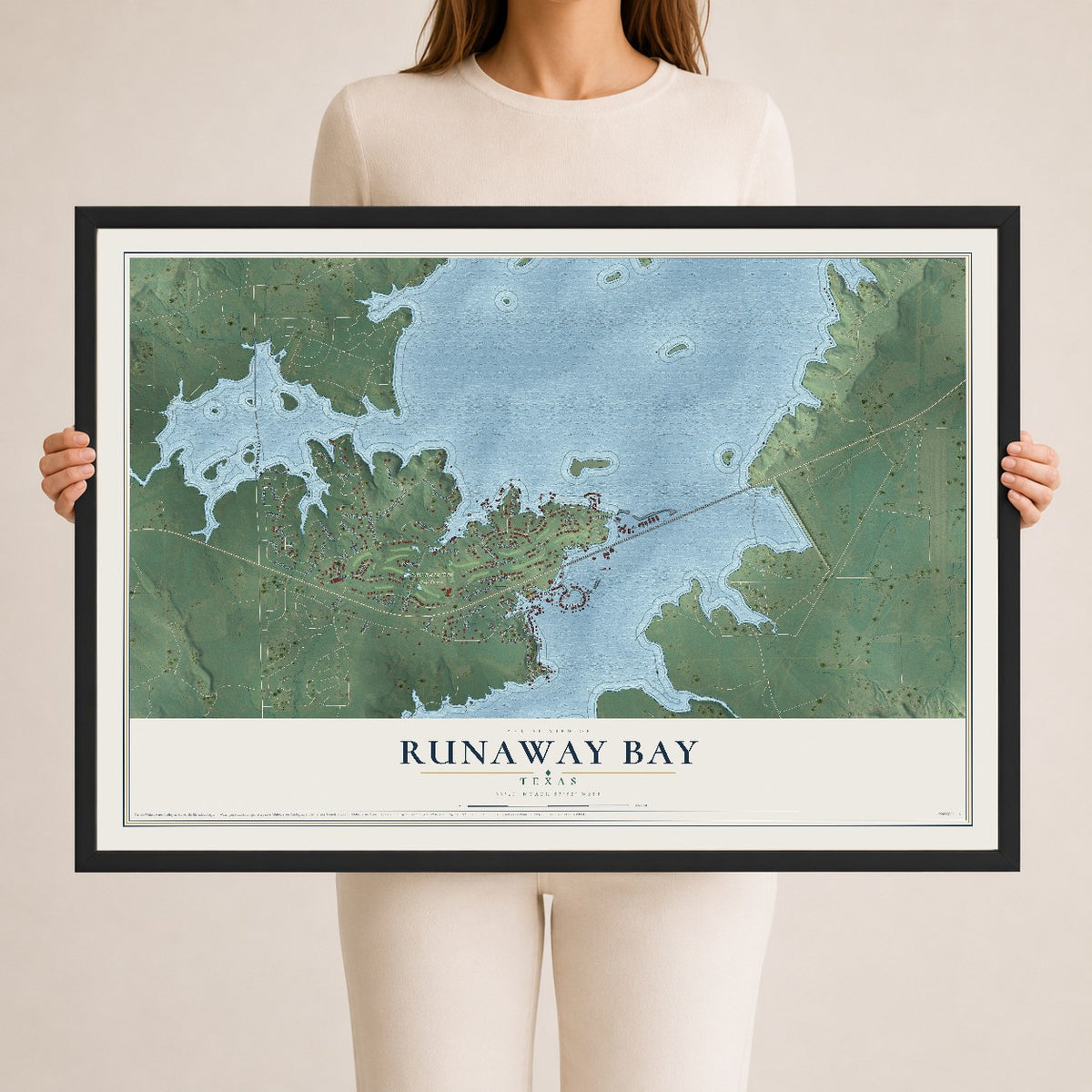 Map of Runaway Bay, Texas, 24 x 36 inch print in a black wood frame