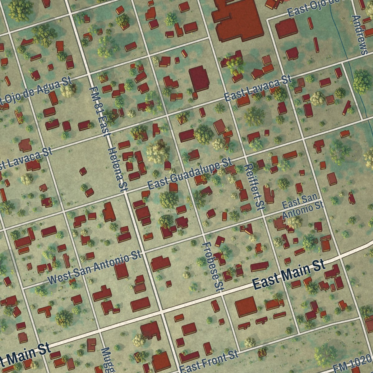 Close-up of the map of Runge, Texas print showing street and building detail