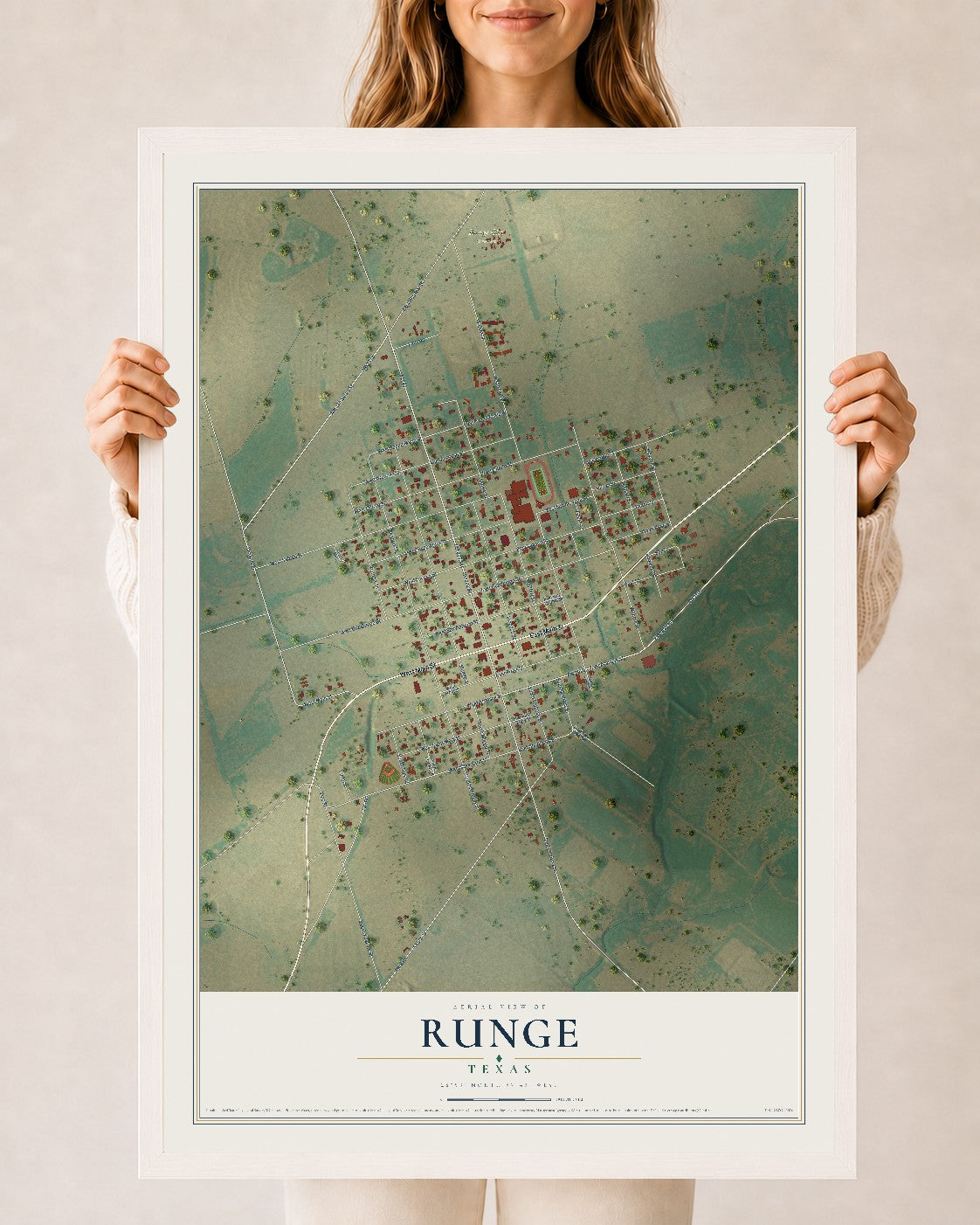 Map of Runge, Texas, 24 x 36 inch print in a white wood frame