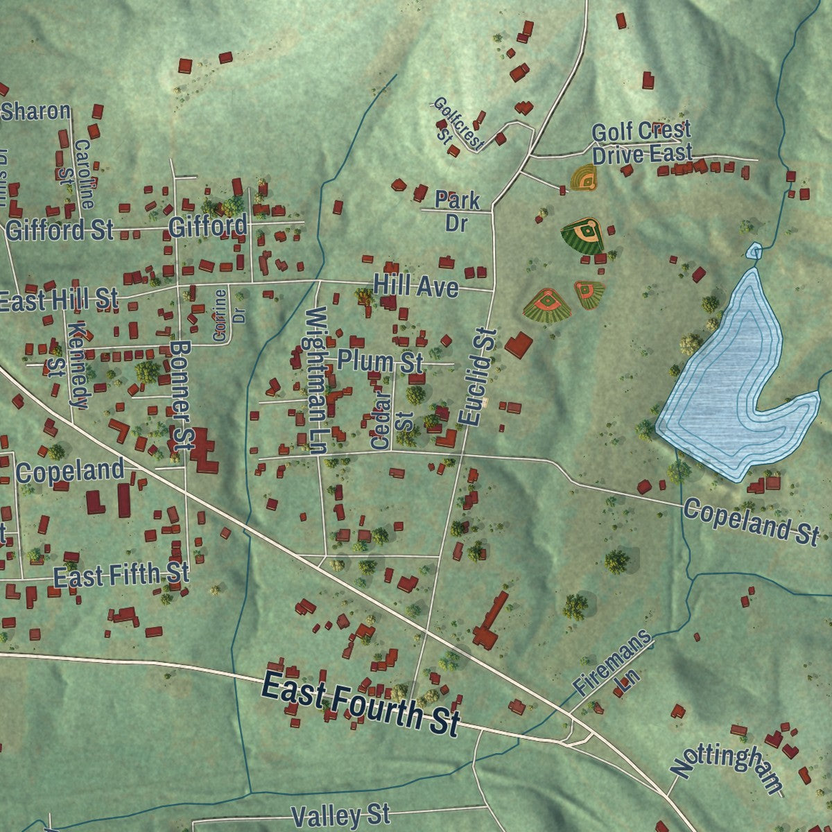 Second close-up of the map of Rusk, Texas print showing more streets and buildings