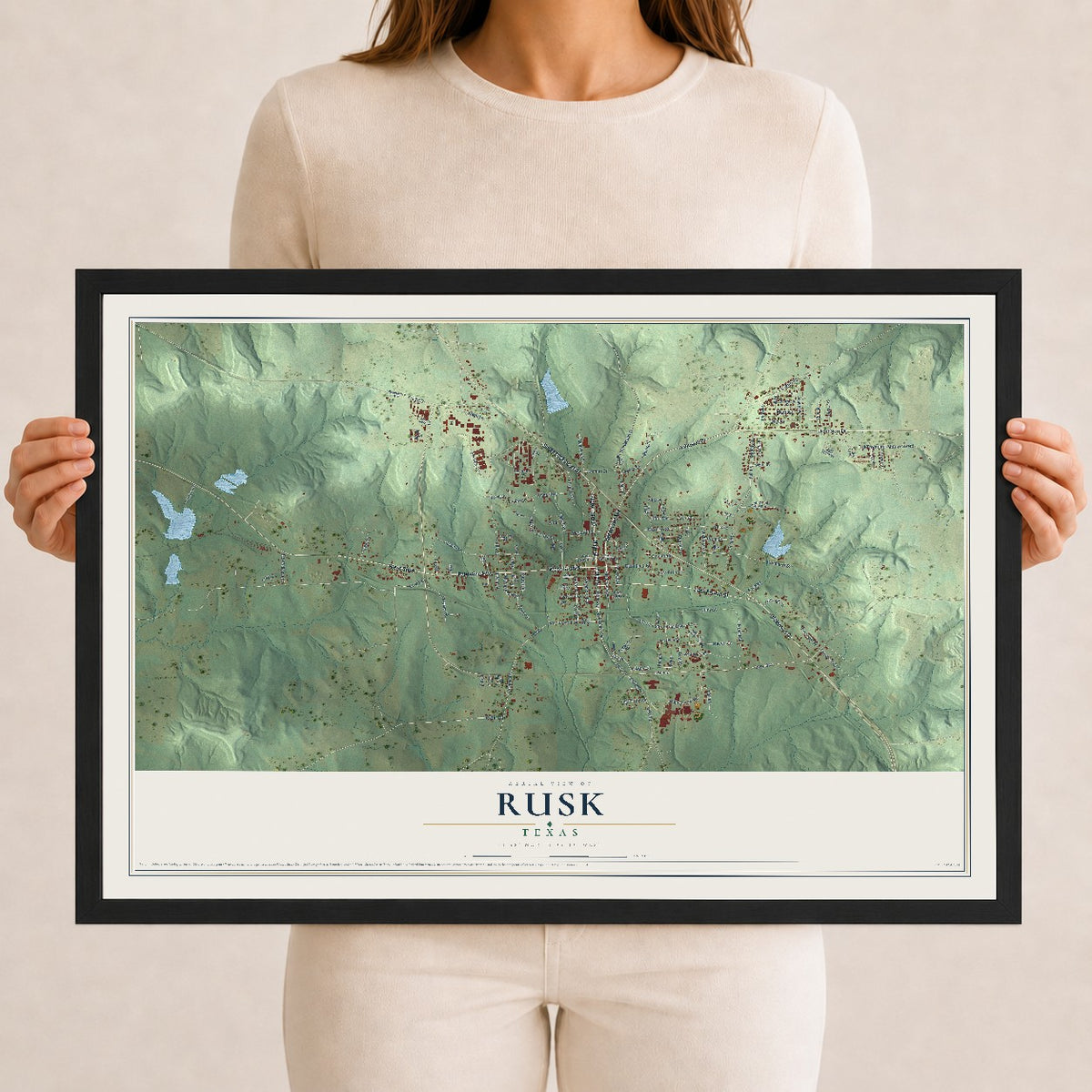 Map of Rusk, Texas, 12 x 18 inch print in a black wood frame