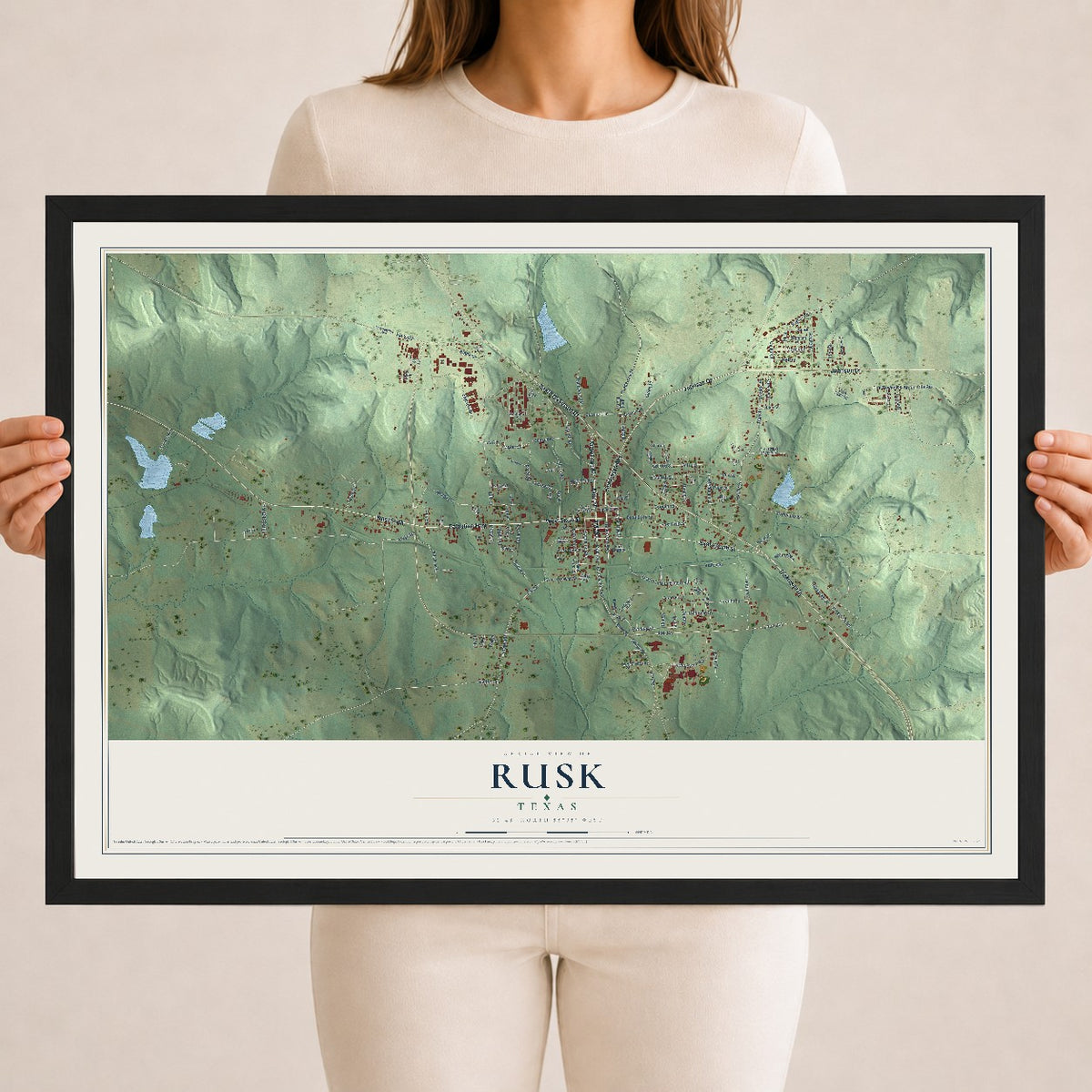 Map of Rusk, Texas, 18 x 24 inch print in a black wood frame