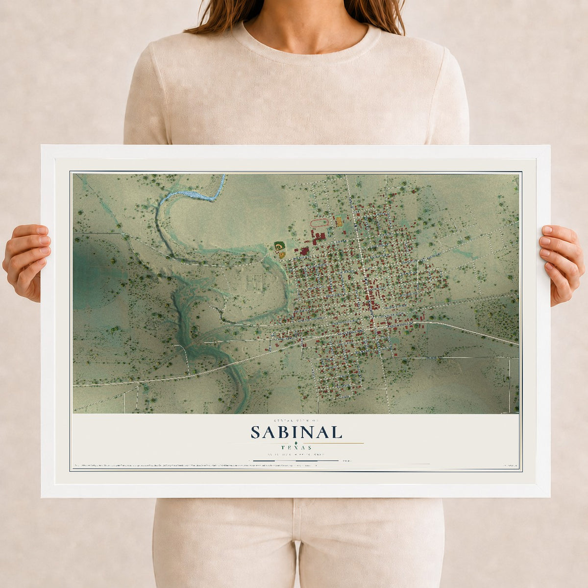 Map of Sabinal, Texas, 12 x 18 inch print in a white wood frame
