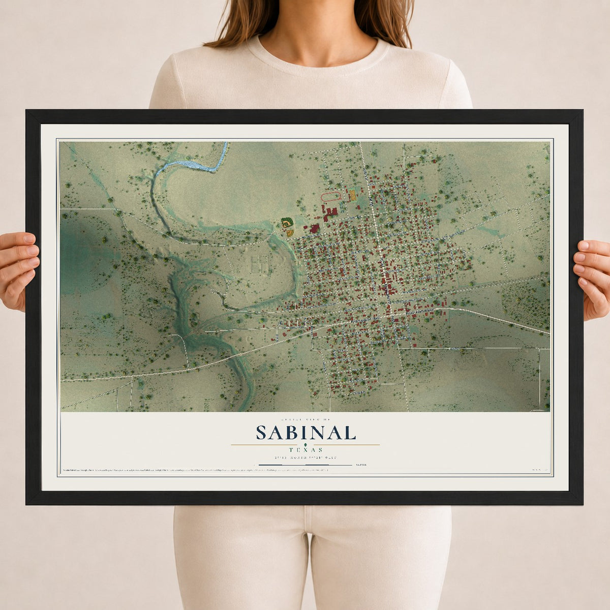 Map of Sabinal, Texas, 18 x 24 inch print in a black wood frame