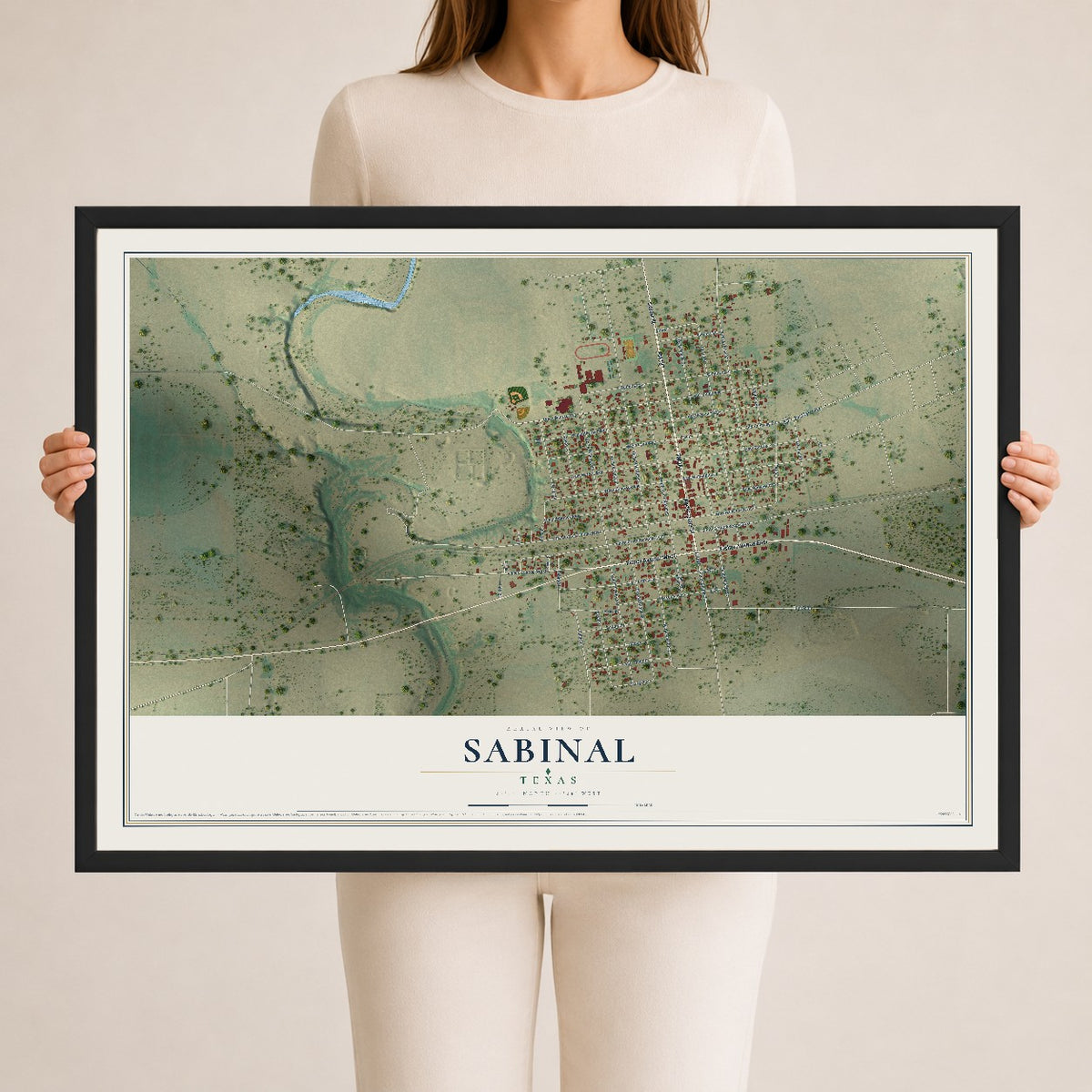 Map of Sabinal, Texas, 24 x 36 inch print in a black wood frame