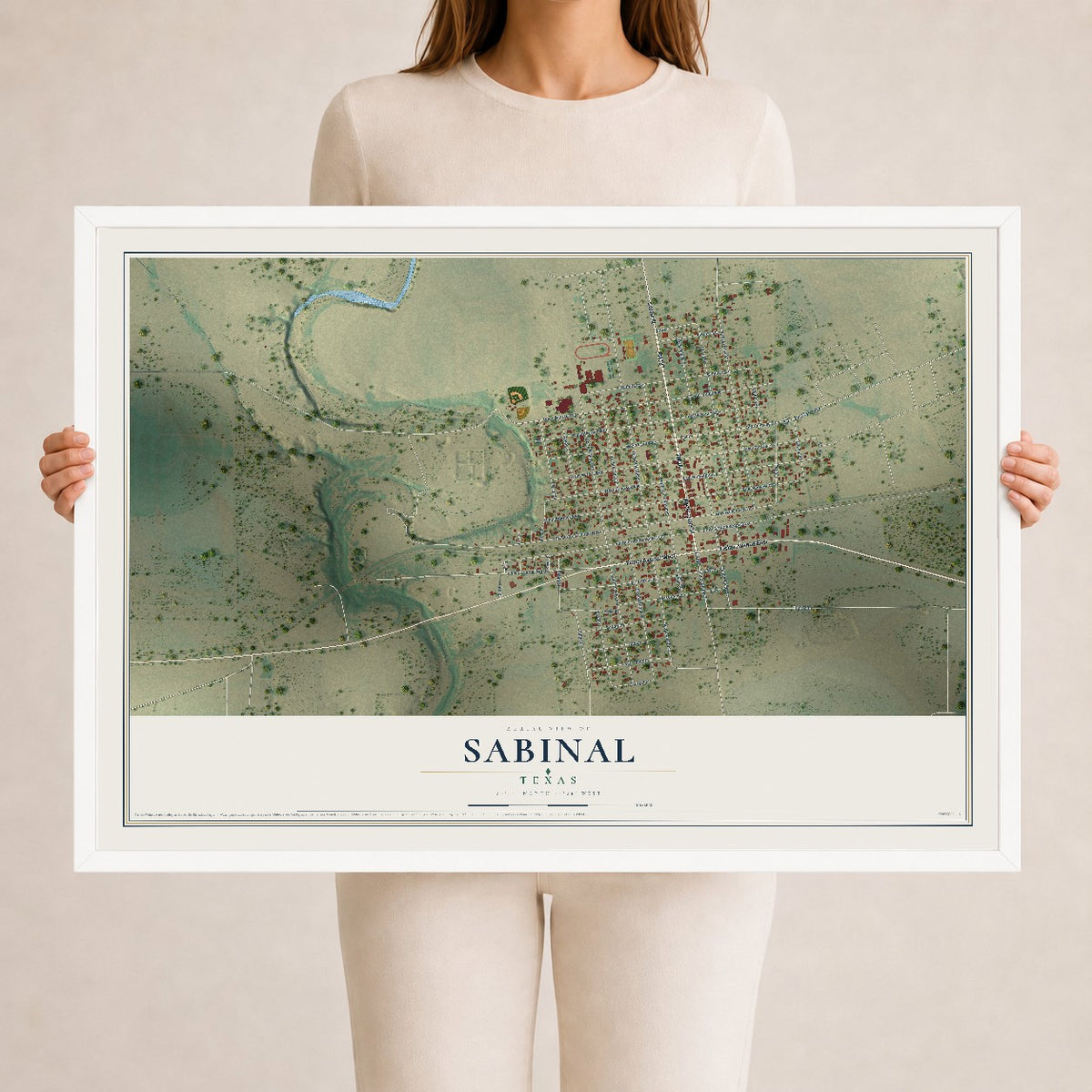 Map of Sabinal, Texas, 24 x 36 inch print in a white wood frame