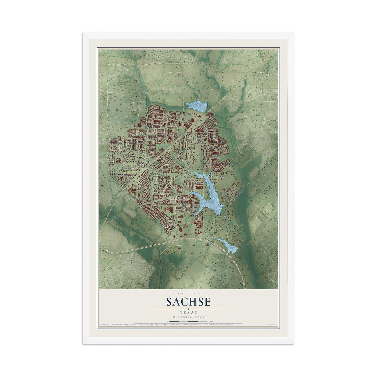 Map of Sachse, Texas, 12 x 18 inch print in a white wood frame