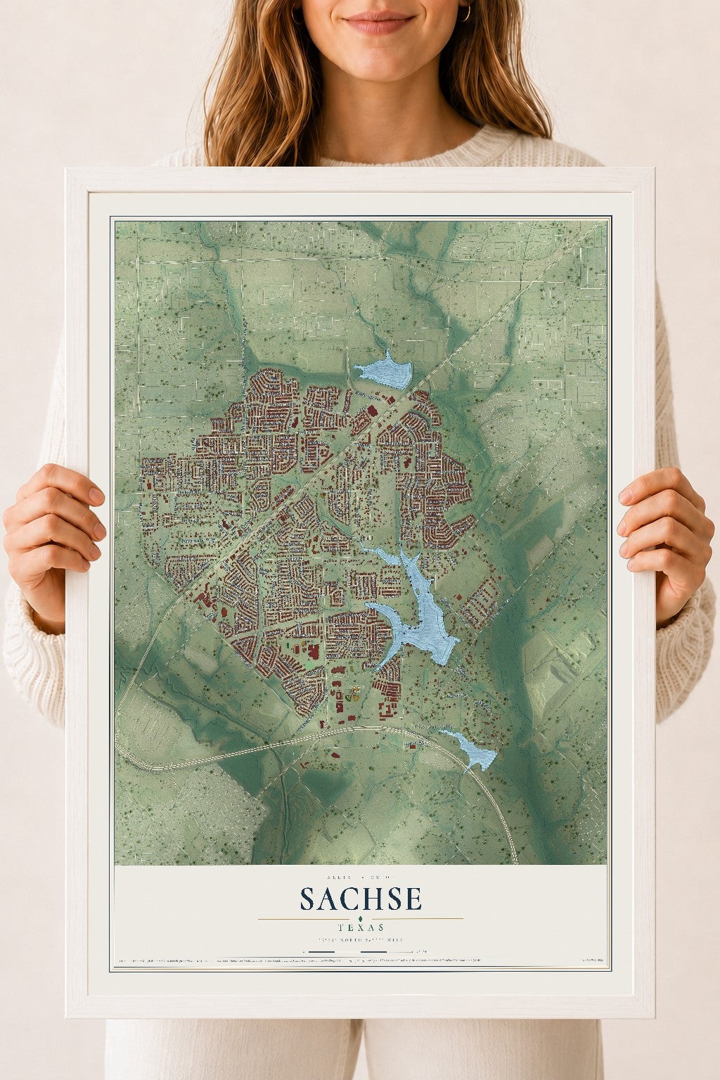 Map of Sachse, Texas, 18 x 24 inch print in a white wood frame