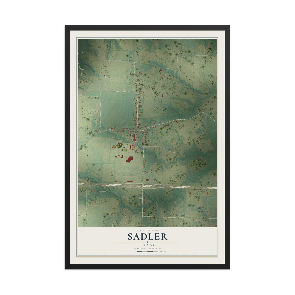 Map of Sadler, Texas, 12 x 18 inch print in a black wood frame