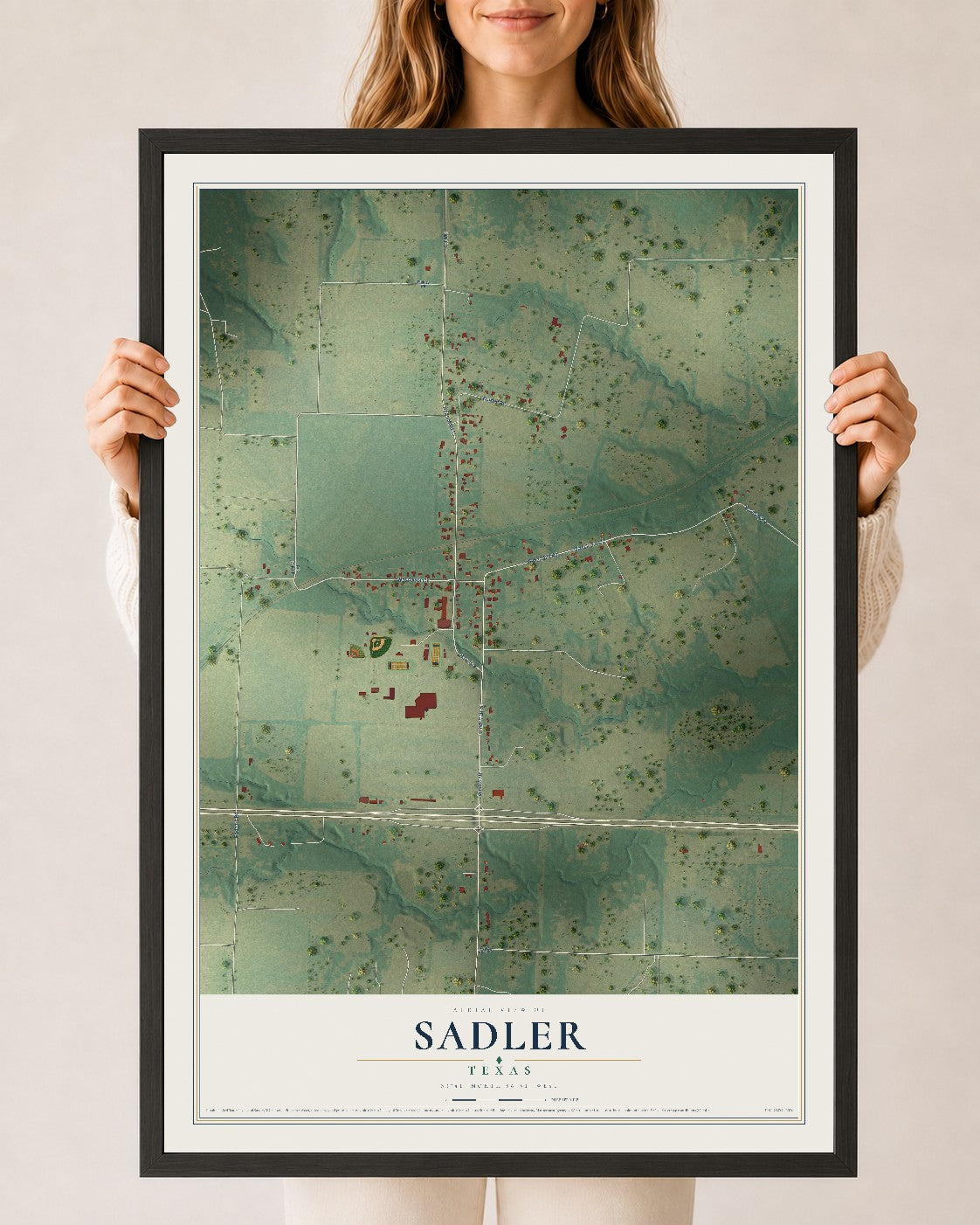 Map of Sadler, Texas, 24 x 36 inch print in a black wood frame