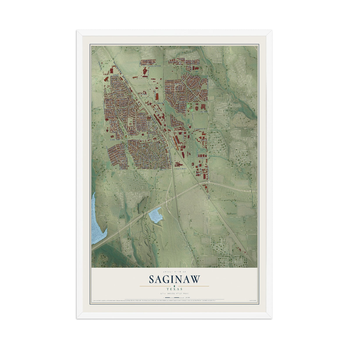 Map of Saginaw, Texas, 12 x 18 inch print in a white wood frame