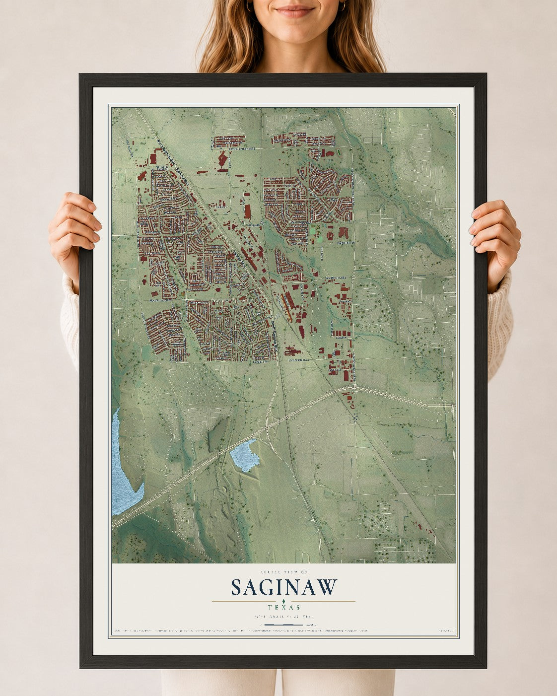Map of Saginaw, Texas, 24 x 36 inch print in a black wood frame