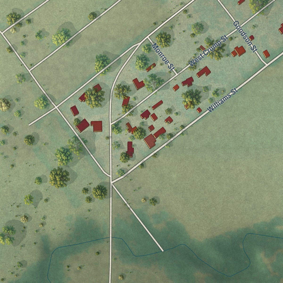 Second close-up of the map of Saint Jo, Texas print showing more streets and buildings