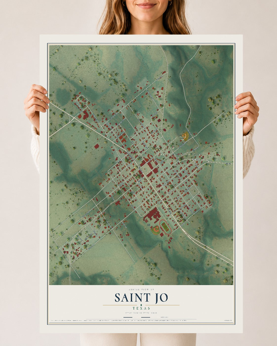 Map of Saint Jo, Texas, 24 x 36 inch unframed archival matte print