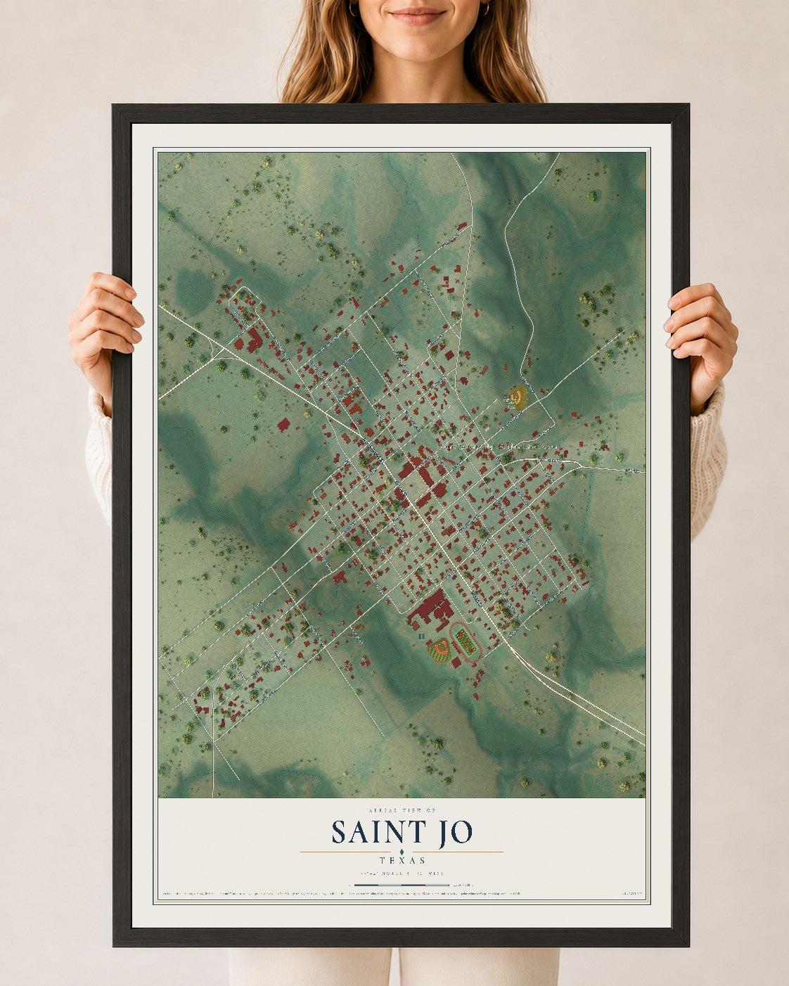 Map of Saint Jo, Texas, 24 x 36 inch print in a black wood frame