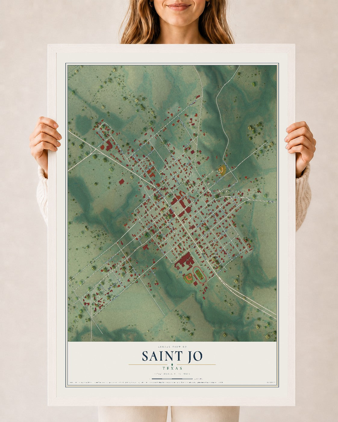 Map of Saint Jo, Texas, 24 x 36 inch print in a white wood frame