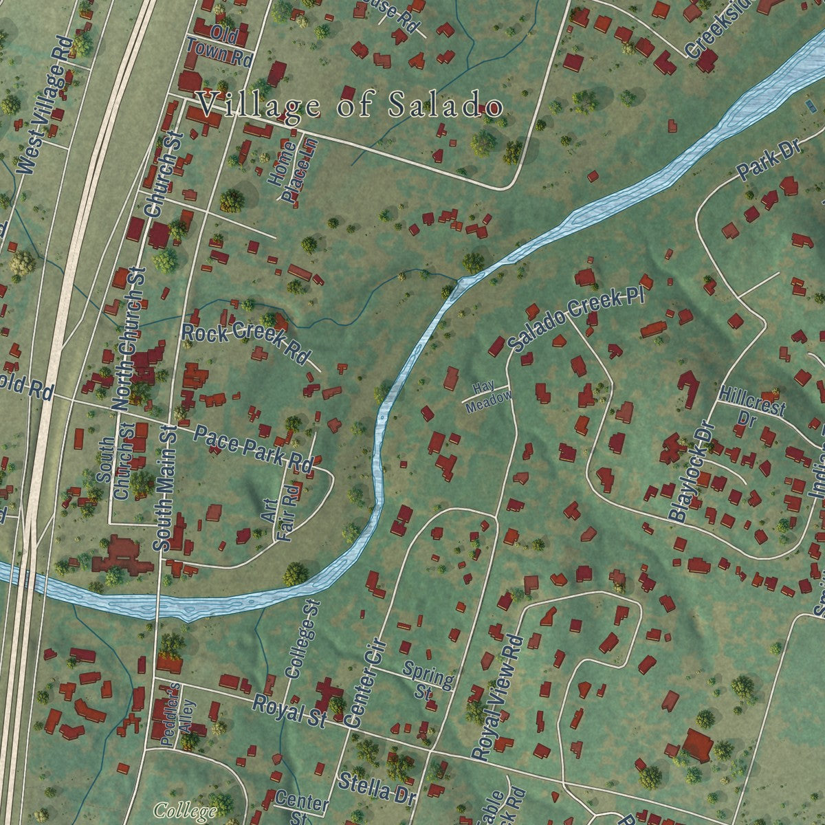 Close-up of the map of Salado, Texas print showing street and building detail