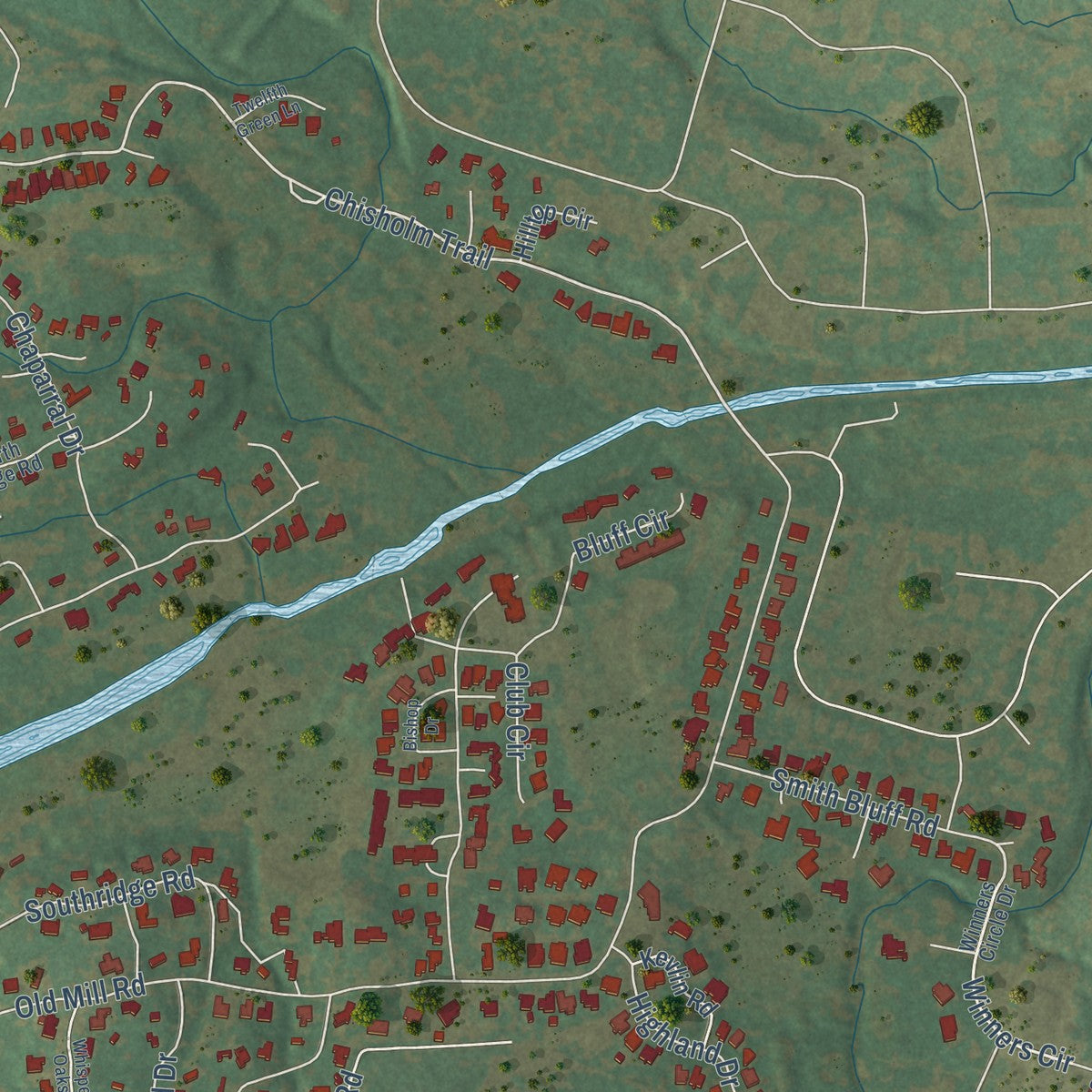 Second close-up of the map of Salado, Texas print showing more streets and buildings